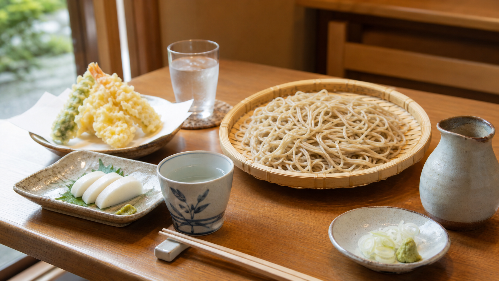 そば屋の木のテーブルに置かれたざるそば、天ぷら、板わさ、そば猪口の様子