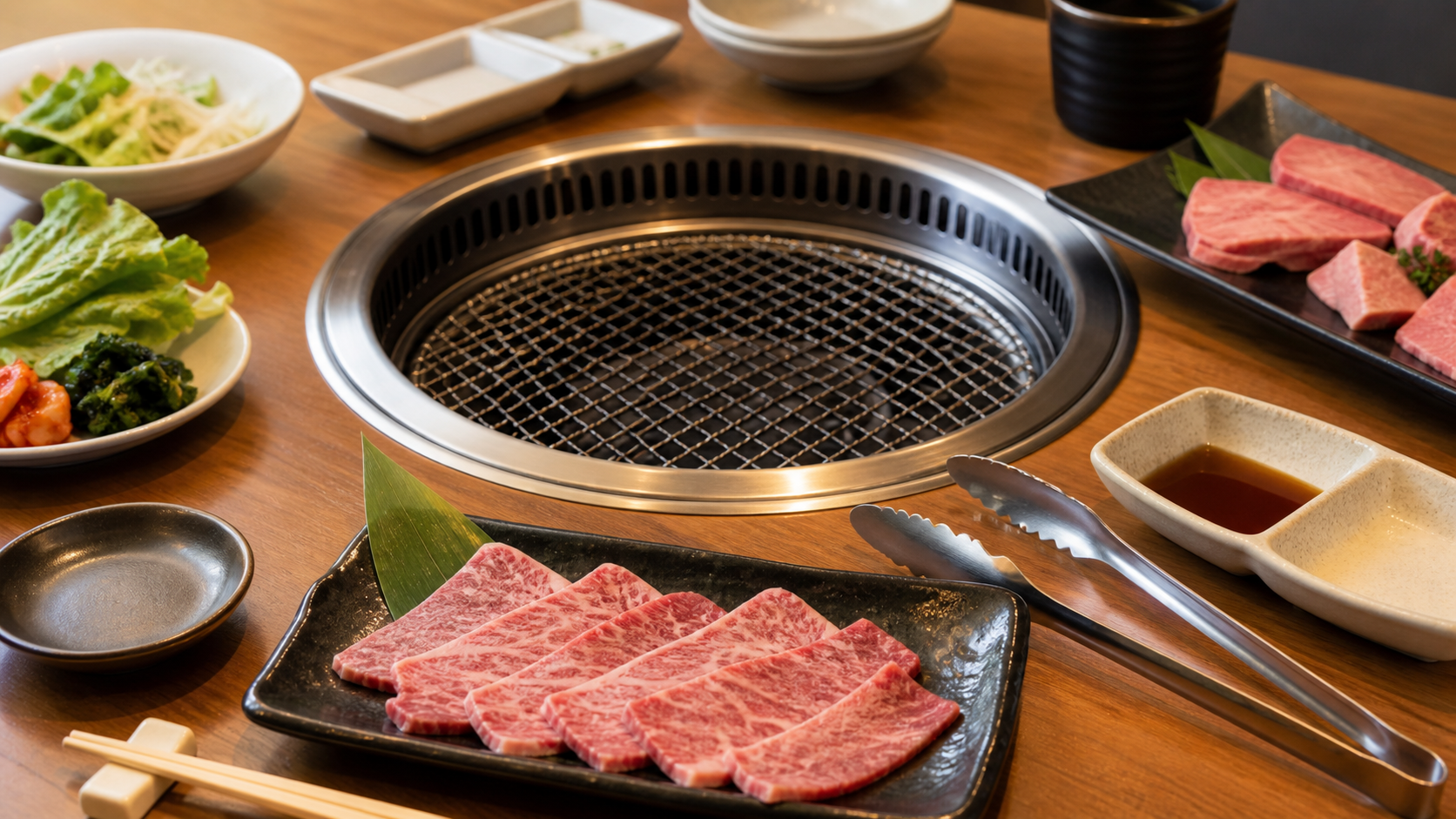 焼肉店のテーブルに置かれた網、トング、箸、肉の皿