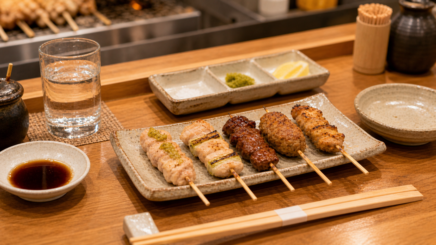 焼き鳥屋のカウンターに置かれた串、箸、小皿、水のグラス
